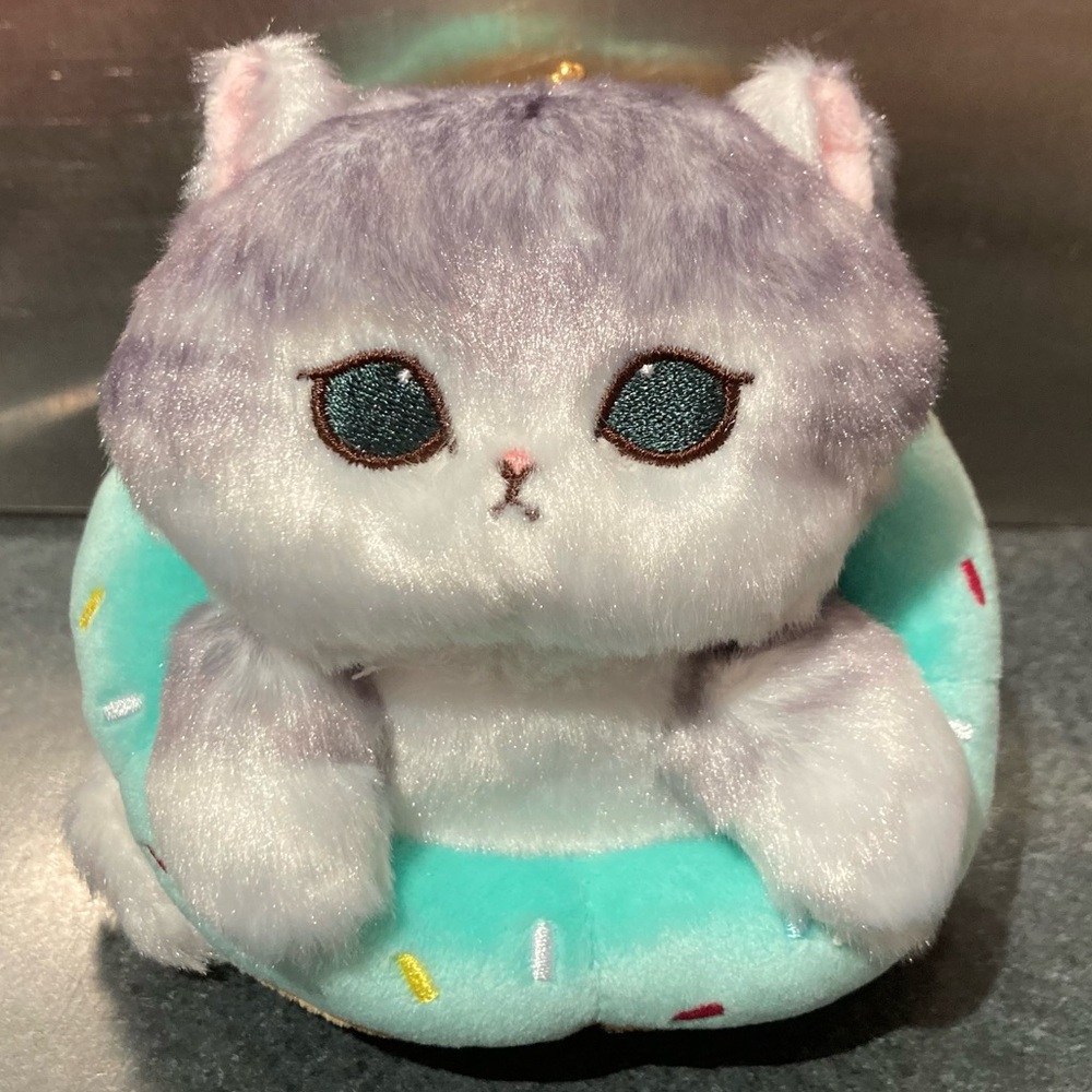 🍩🐱 14cm Grey Fluffy Mofusand Cat in Teal Glazed Donut Soft Plush Doll Stuff Toy